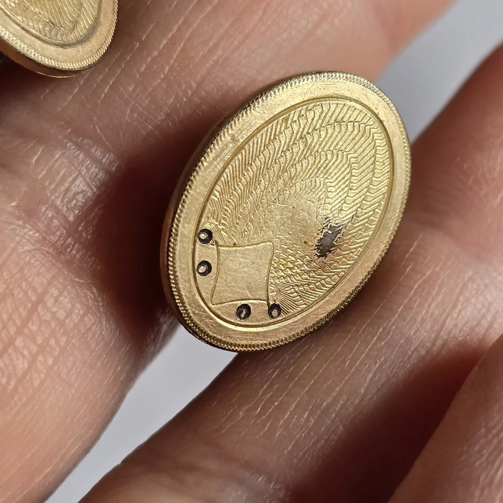 Vintage cuff links gold tone oval shield engraved edwardian art deco style